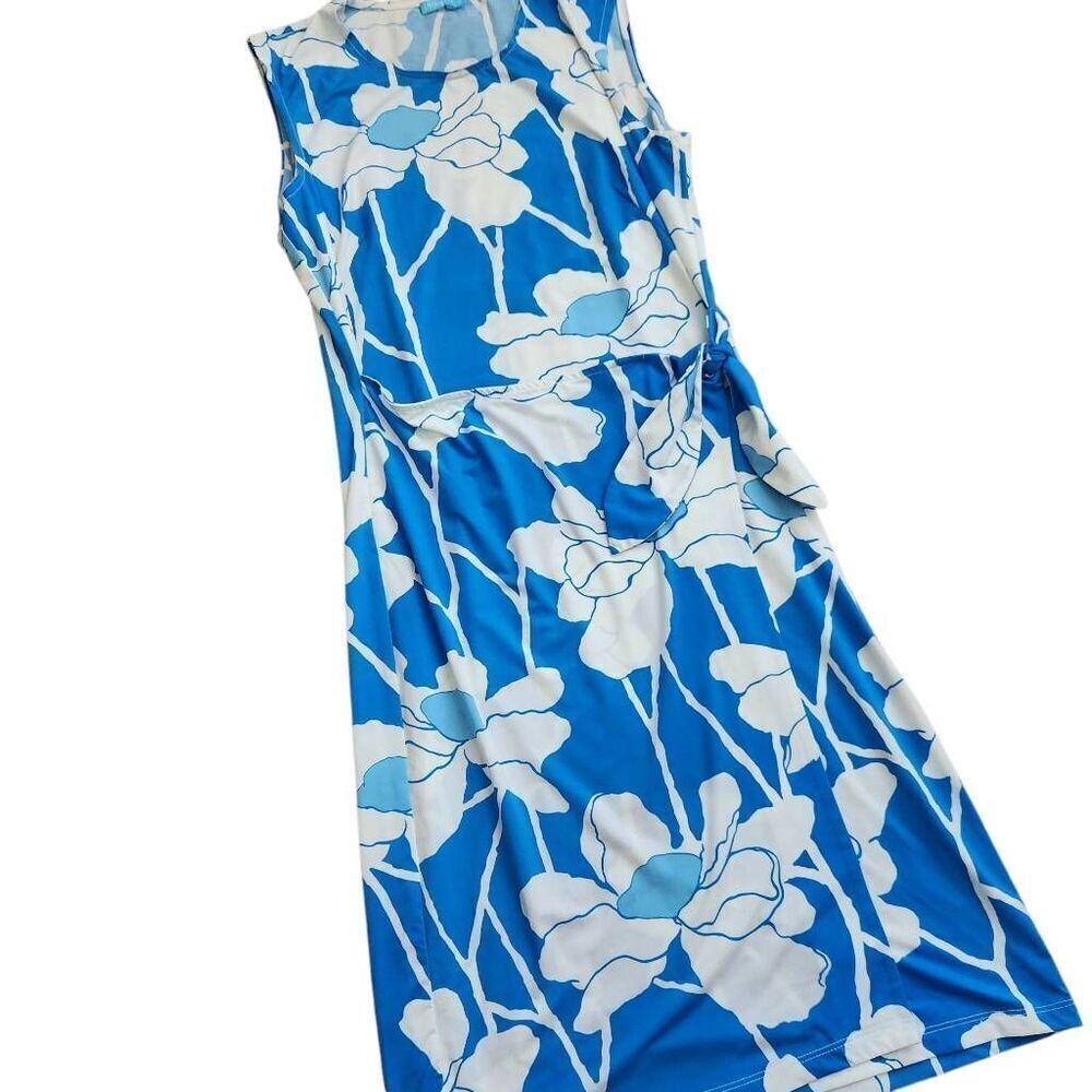 J McLaughlin Dress Small Floral Faux Wrap Blue White Workwear Summer Beach